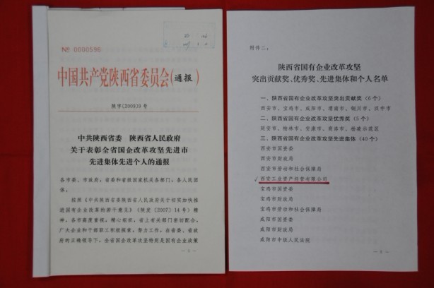 2009年2月，被陜西省委、省政府授予陜西省國有企業(yè)改革攻堅(jiān)先進(jìn)集體